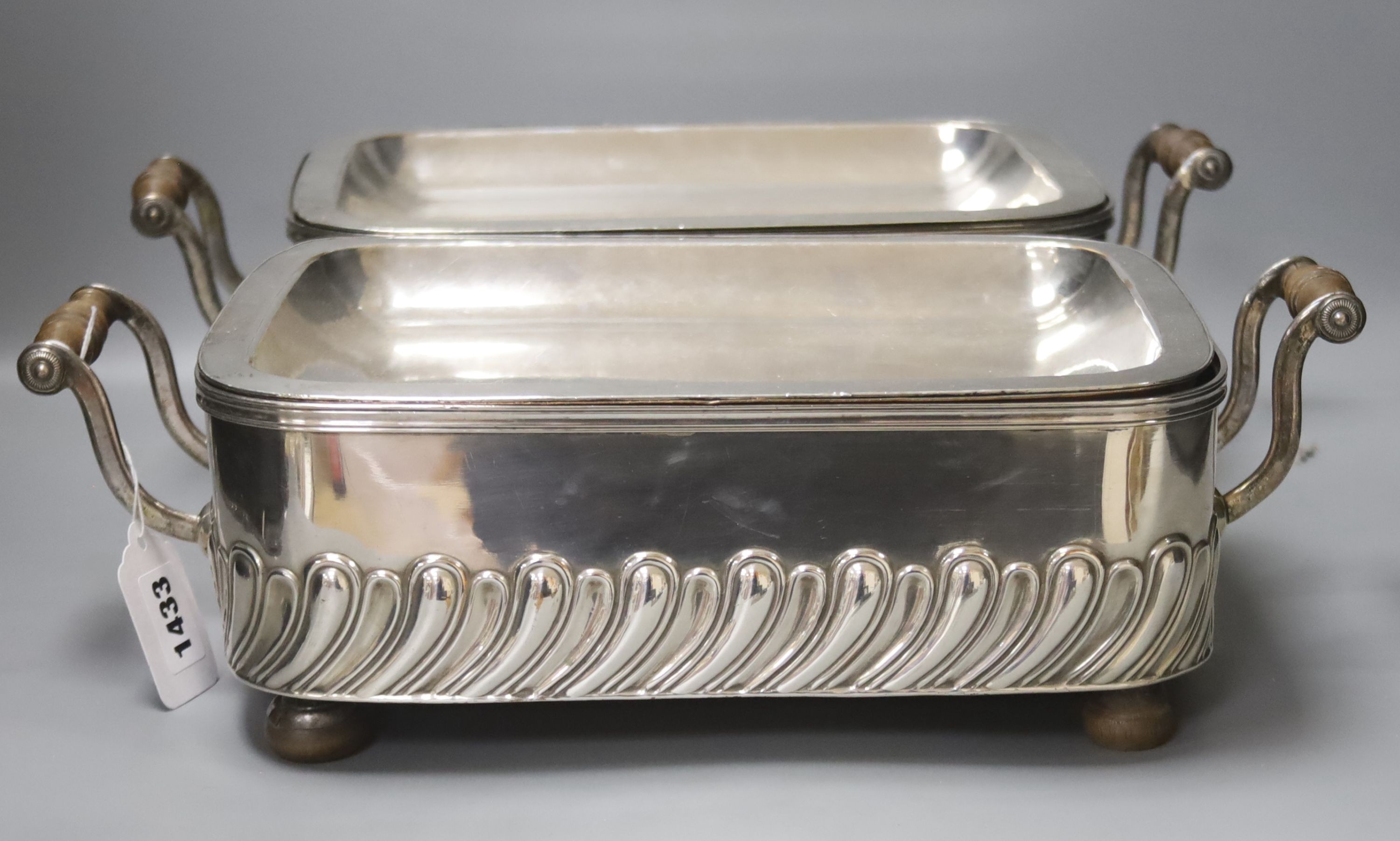 A pair of old Sheffield plated chafing dishes, width overall 40cm, and another similar dish